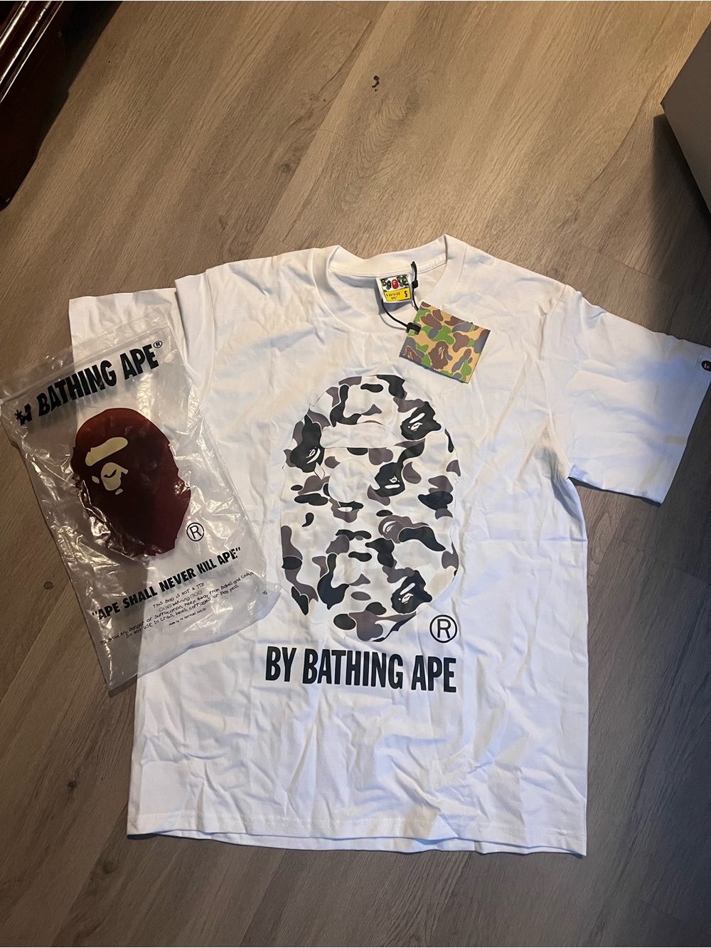 Bape White T-Shirt with Gray & Black Camo Ape Logo